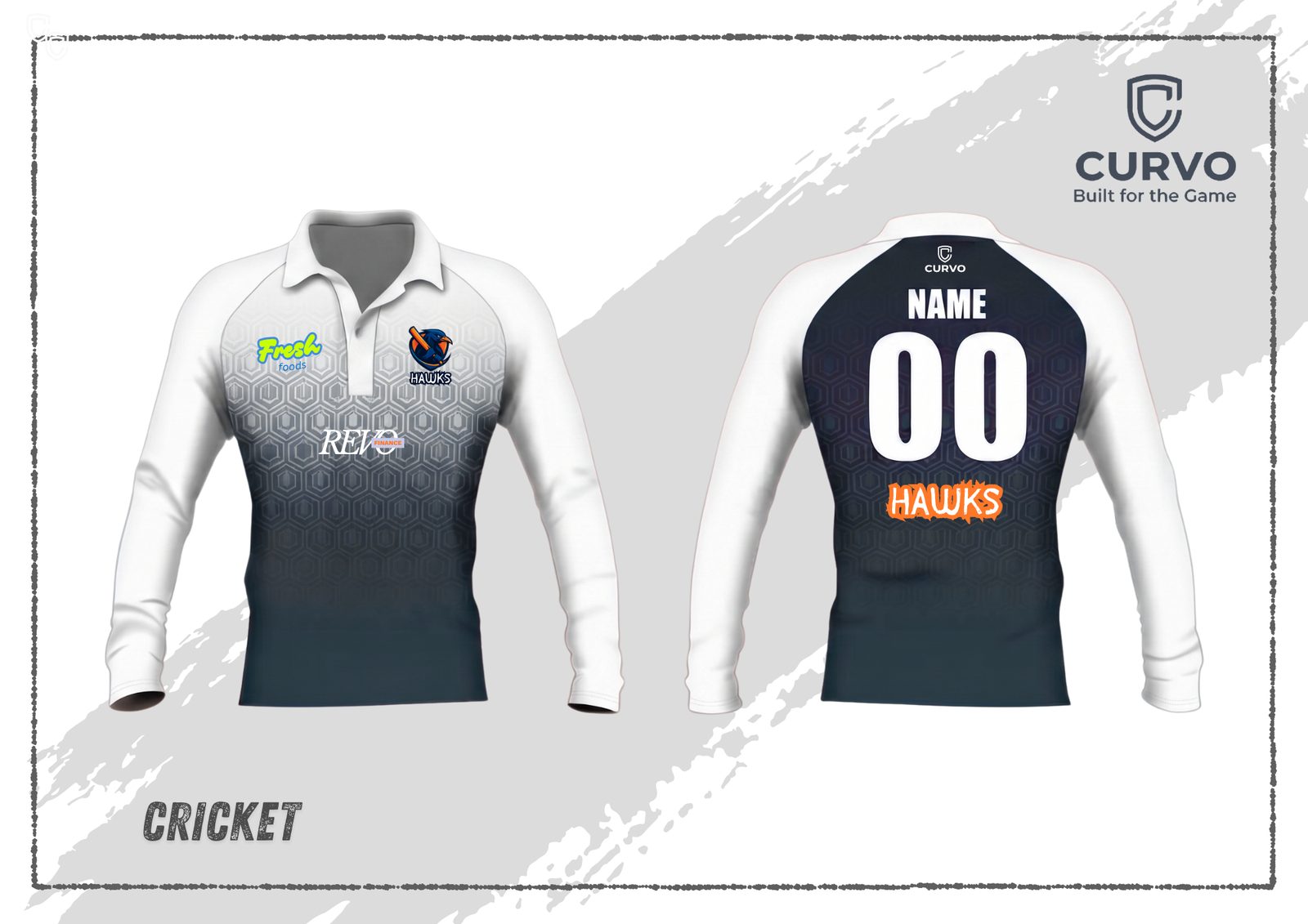 Curvo cricket kit design spec sheet — front and back artwork
