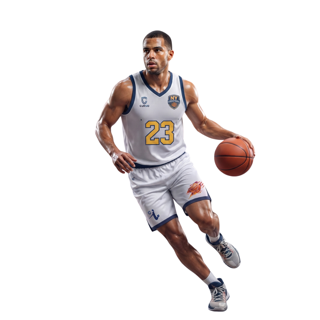 Player in match action wearing a custom Curvo basketball kit — your crest, your colours